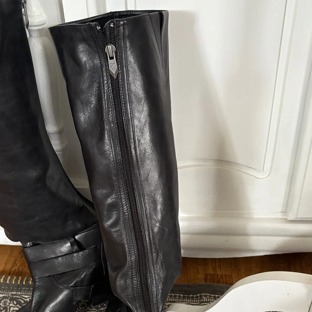 Fergie Black Leather Over-the-Knee Buckle Boots